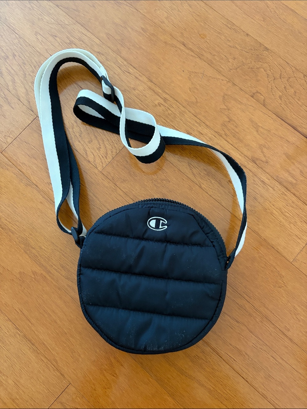 Champion Black Quilted Round Belt Bag with White-Trim Strap